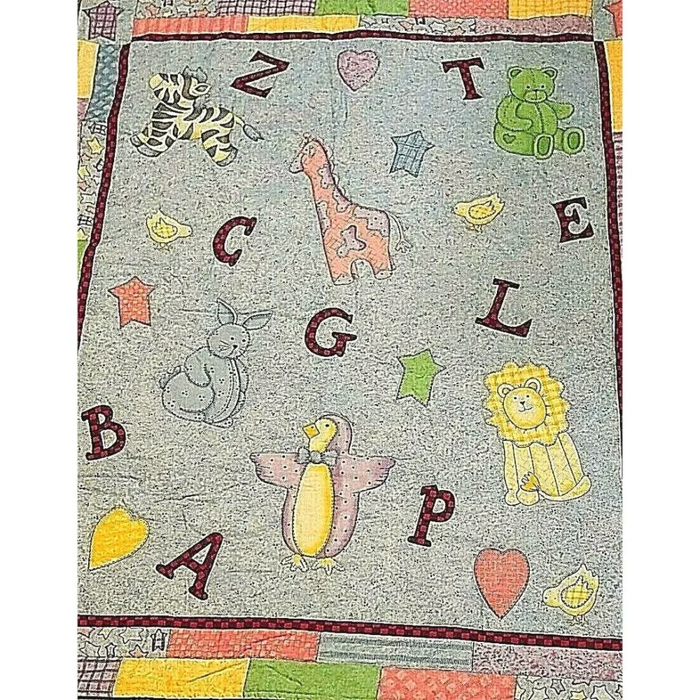 Baby Quilt Throw Crib Alphabet Zoo Animals Blue Pink Bear Lion Rabbit Stitched 3